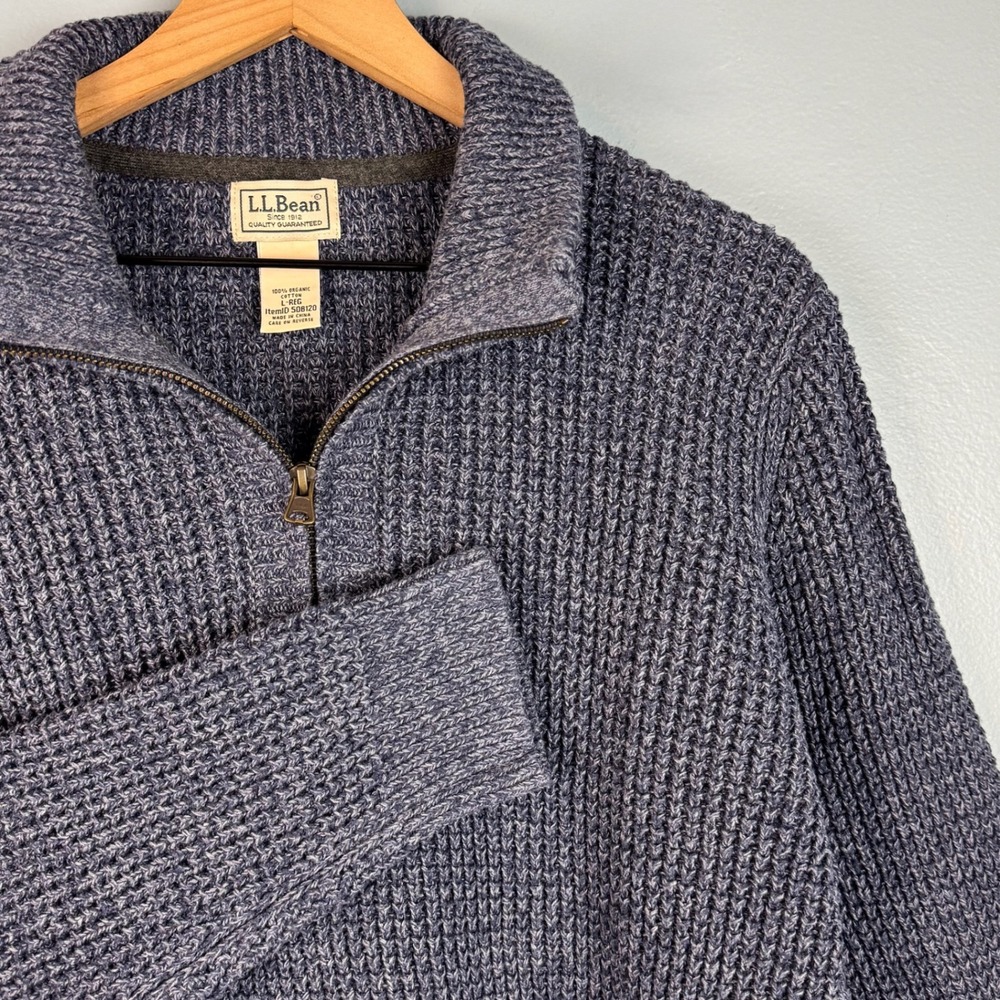 LL Bean Mens Large Blue Quarter Zip Mock Neck Shaker Stitch Pullover Sweater
